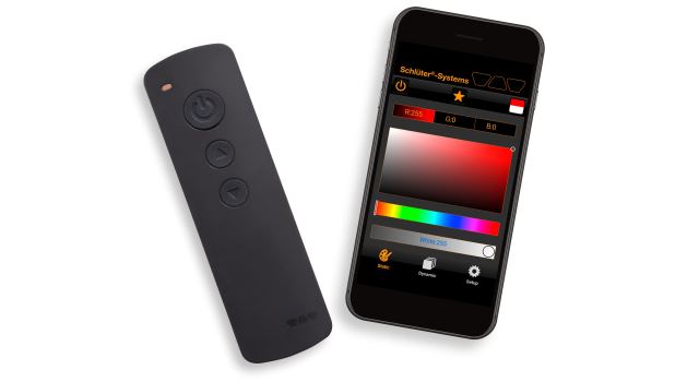 Fernbedienung und Smartphone mit App Schlüter-LED-Color-Control